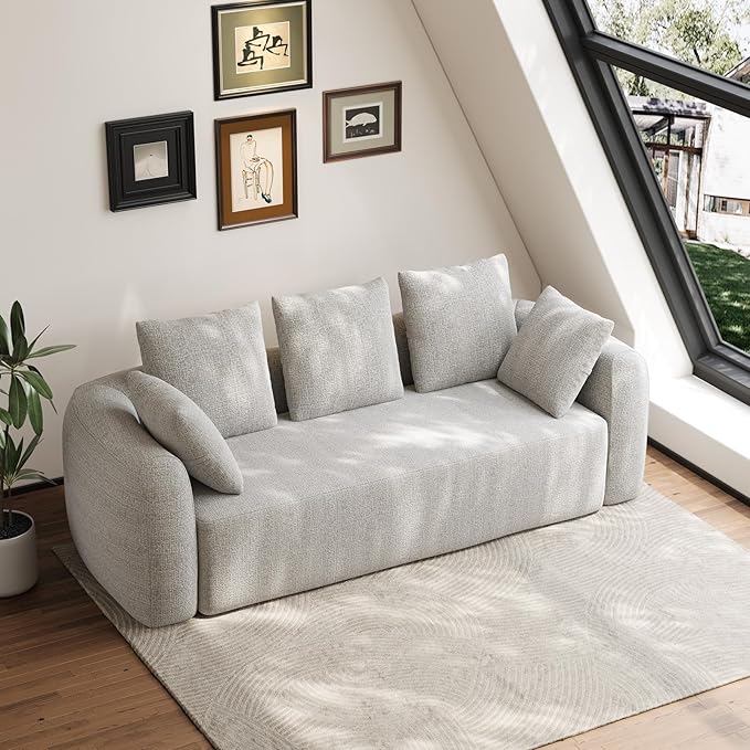 101 Curved Sofa Cloud Couch for Living Room Comfy Chenille 3-Seater Boneless Sofa Extra Deep &amp Wide Seat with 5 Throw Pillows No Assembly Needed Beige
