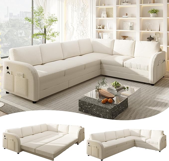 GNIXUU 115.2 L Shaped Couch with Pull Out Bed Convertible Sectional Sleeper Sofa with USB Port &amp Side Pockets 6 Seat Oversized Modular Teddy Cloud Couches for Living Room Apartment Beige