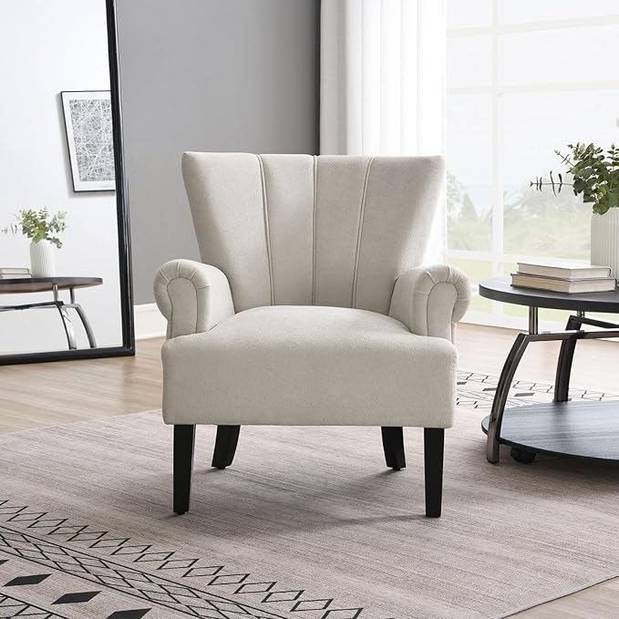 Modern Accent Living Room ChairsPolyester Armchair Club Chair with Channel Back Accent Chair for Living Room Bedroom Reading Room Soft Fabric Wooden Leg (Light Grey)