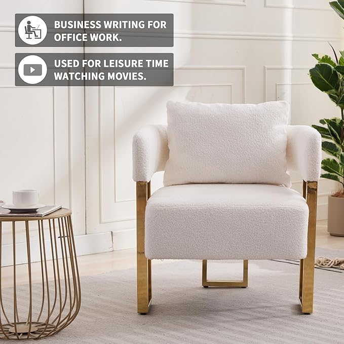 YISHENG Modern Barrel Accent Chairs Set of 2 Living Room Side Chairs with Golden Metal Legs Soft Upholstered Reading Armchairs no Wheels for Vanity/Reception Room//Bedroom/Lounge/Office White Teddy