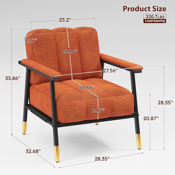 Accent Chair Mid-CenturyMetal FrameArmchairUpholstered Bedroom Chair for Living RoomOfficeReading SpacesGuest RoomBrown