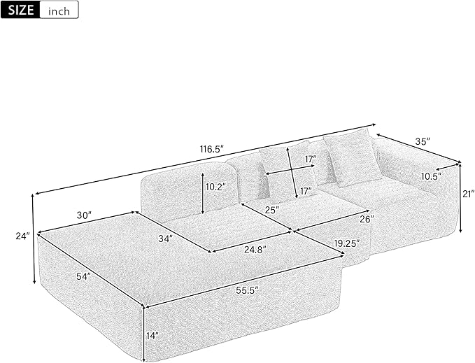Merax 116.5 Minimalist Cloud Sectional Couch with L-Shape Chaise Cream Modern Modular Sofa with Deep Seat White Convertible 4 Seat Sleeper Couches Set for Living Room No Assembly Required Beige