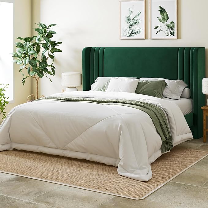 Allewie Full Size Velvet Platform Bed Frame with Vertical Tufted Wingback Headboard Easy Assembly Under Bed Storage No Box Spring Required Modern Style Green