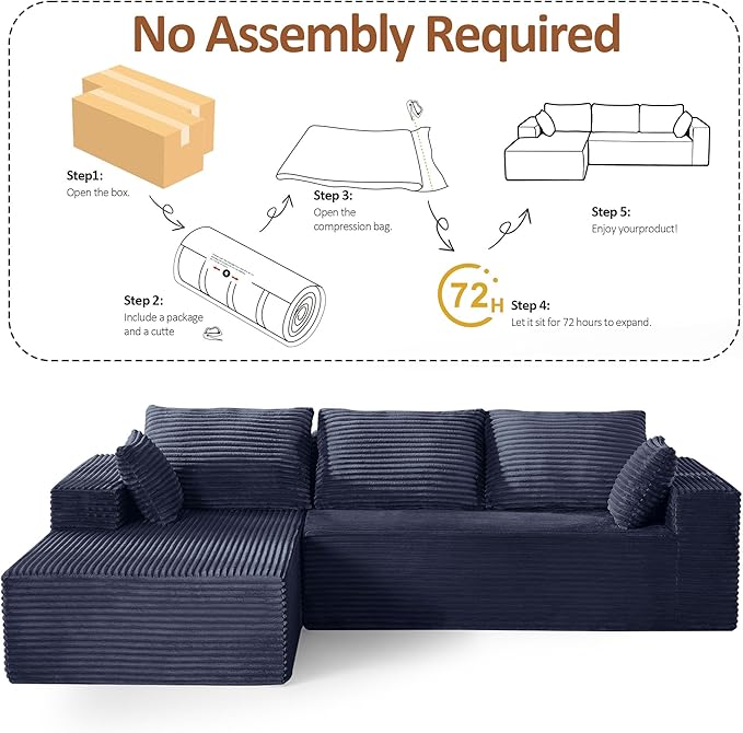 110 Boneless Sectional Couch with Chaise Lounge Cloud Couch Compressed Sofa L Shape No Assembly Memory Foam Sofa for Living Room Blue Corduroy