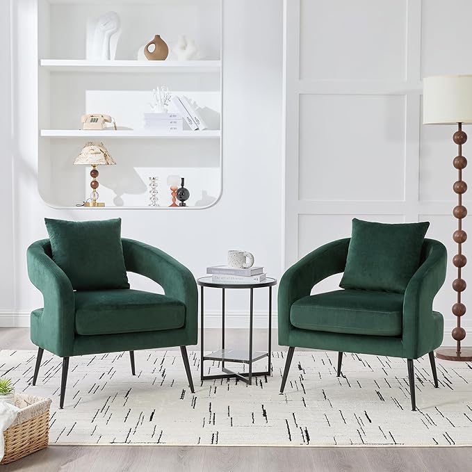 Modern Minimalist Style Open Back Accent ChairVelvet Barrel Dining Chair with Metal LegsComfortable Upholstered Single Sofa for Living RoomBedroomReceptionDining RoomGreen