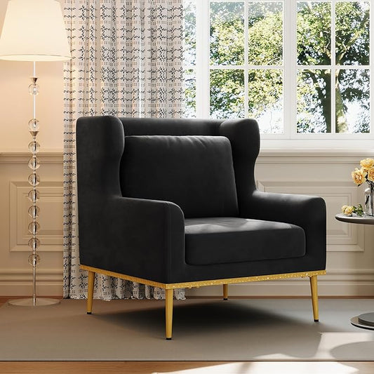 Merax Luxury Velvet Accent Chair Modern Mid-Century Armchair for Living Room Bedroom Reading Corner Comfortable Tufted Single Seater Sofa Chair with Iron Legs (Black)