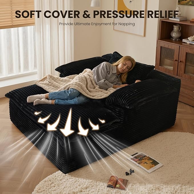 Chaise Lounge Chair Indoor Oversized Sleeping Couch 67L *53W Assembly Free Modern Minimalist Sofa With Comfy Curved Armrest Extra Deep Large Single Sofa for Living Room(Black Plush Fabric)