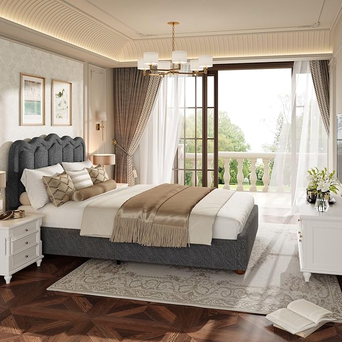 Queen Size Bed Frame with Headboard Boucle Bed Frame Soft Upholstered Platform Cloud Bedframe with Footboard Solid Wood Legs Solid Wooden Slats Support No Box Spring Required Easy Assembly