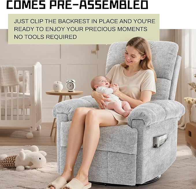 Recliner Chair Swivel Rocker Recliner Chair for Adults Small Recliners for Small Spaces Manual Recliner Chair with Side Pockets Nursery Rocking Chair for Living Room Chenille Silver Grey