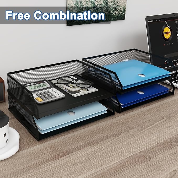 Natwind 4-Tier Stackable Paper Tray Metal Mesh Desktop Organizer A4 Paper Sorter Letter TraysFile Folder Sorter Organizer with Sliding Tray for Home Office School (Black)