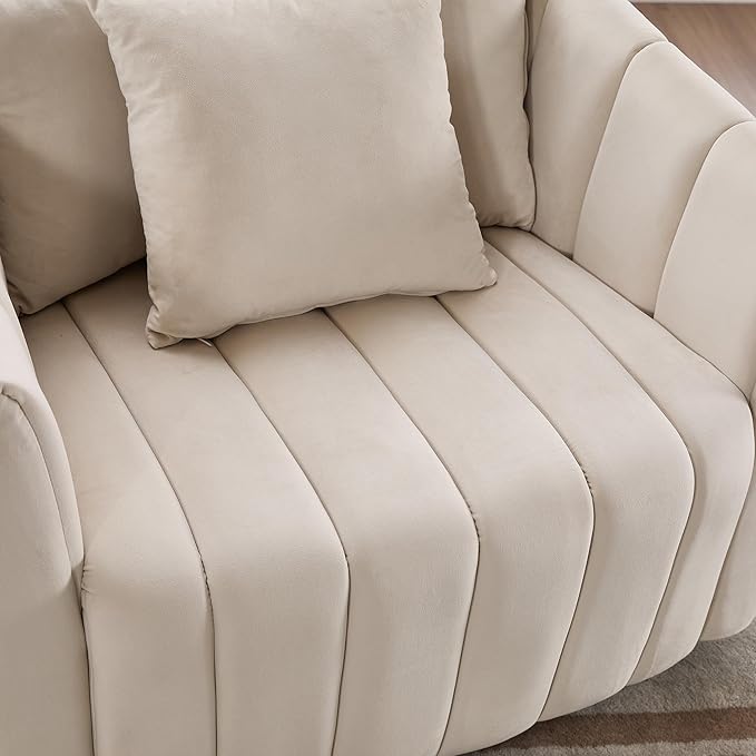 KEIKI 40.3 Oversized 360° Swivel Barrel Chair with Pillows - Velvet Upholstered Channel Tufted Accent Armchair Mid-Century Modern Lounge Chair for Living Room Bedroom Office - Beige