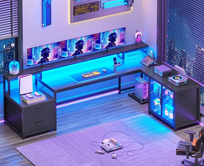 SEDETA L Shaped Gaming Desk 78.7” Large Computer Desk with Drawers and Power Outlet &amp LED Light Corner Gaming Desk with Storage Shelves Display Cabinet for Home Office Black