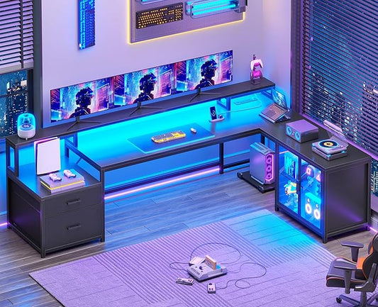 SEDETA L Shaped Gaming Desk 78.7” Large Computer Desk with Drawers and Power Outlet &amp LED Light Corner Gaming Desk with Storage Shelves Display Cabinet for Home Office Black