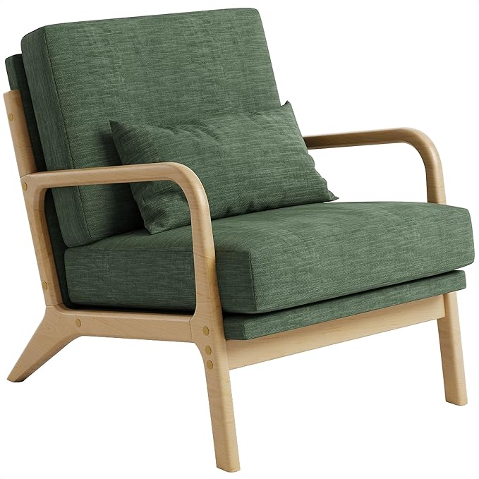 Claiks Mid-Century Modern Accent Chair Living Room Armchair with Solid Wood Frame &amp Lumbar Pillow Comfy Upholstered Lounge Chair for Bedroom Office Linen-Like Fabric Green