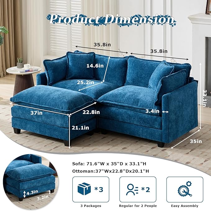 SoarFlash Chenille 77.95 Sectional Sofa Comfy L Shaped Modular Coush Sofa with Ottoman Modern 2 Seat Couch Deep Seat Sofa Set for Living RoomBlue