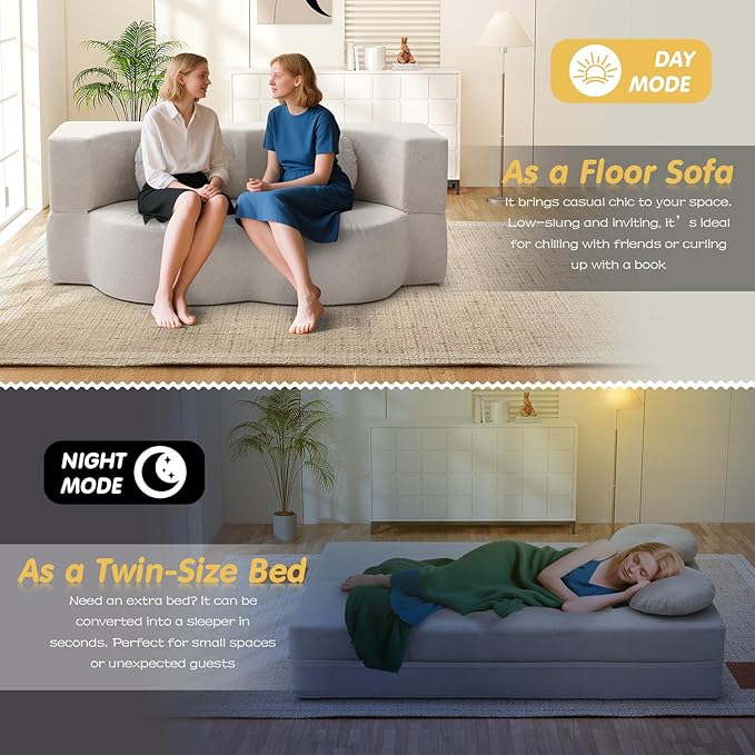 Folding Futon Sofa Bed Modern Convertible Fold Out Chenille Cloud Memory Foam Boneless Floor Lounge Loveseat Sleeper Mattress Sofa Couch with 2 Pillows for Guest Room Living Room Office Beige