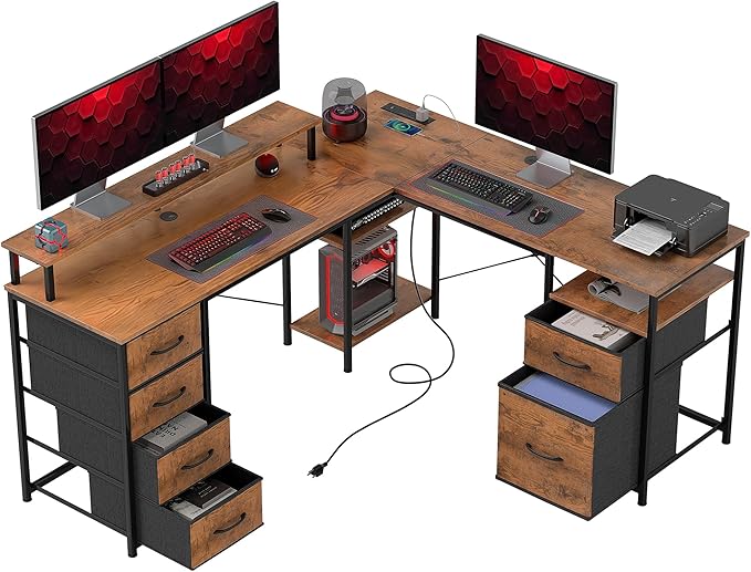 HOMCOM 66 L Shaped Gaming Desk Reversible 105 2 Person Computer Desk with File Cabinet and Fabric Drawers Power Outlets and LED Lights Monitor Stand Rustic Brown
