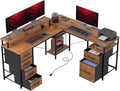 HOMCOM 66 L Shaped Gaming Desk Reversible 105 2 Person Computer Desk with File Cabinet and Fabric Drawers Power Outlets and LED Lights Monitor Stand Rustic Brown