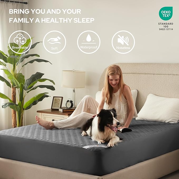 BEDLORE Waterproof Mattress Protector Noiseless Full Size Mattress Pad with Deep Pocket Fitted Up to 6-15 Soft Dirt-Proof Double Mattress Cover for College Dorm(Gray)