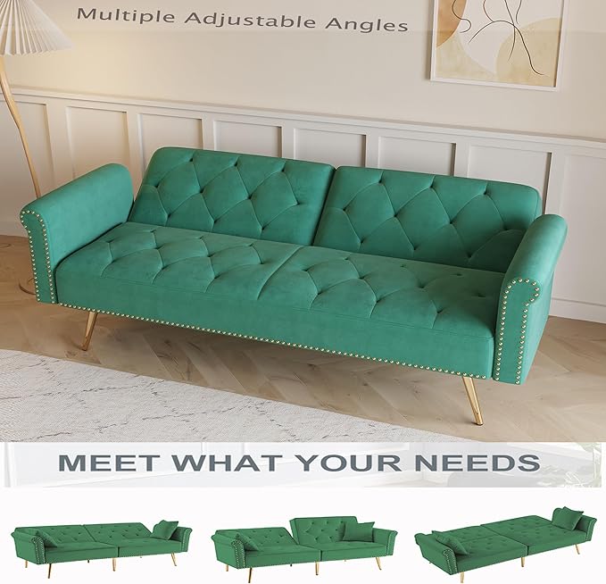 Modern Velvet 2 in 1 Futon Sofa BedConvertible Folding Sleeper Bed Couches with 2 Pillows73 Tufted Recliner Love Seat with Golden Chrome Legs for Living Room Apartment Office (Green)