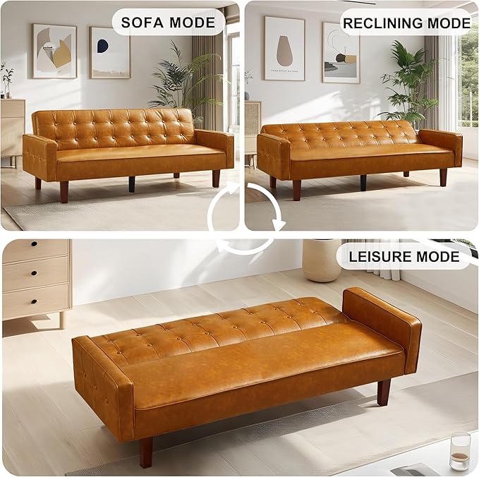 74 Futon Sofa Bed Mid Century Modern Futon Couch Small Sofa Cama Loveseat Small Couches for Living Room Office(Faux Leather Brown)