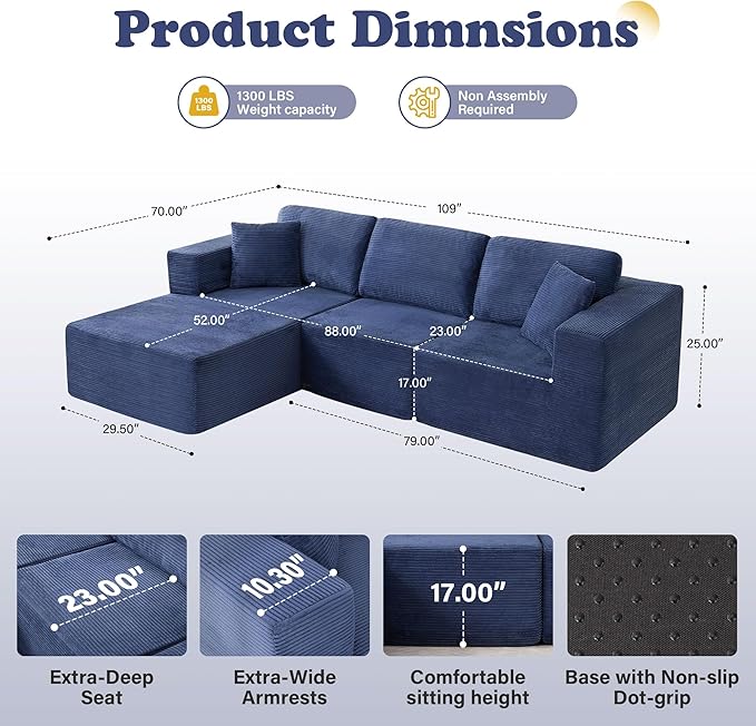109” Cloud Sectional Couch Boneless Modular Sofa with L-Shape Chaise Deep Seat Corduroy Couch No Assembly Required Modern Upholstered Sectional for Living Room Apartment Bedroom