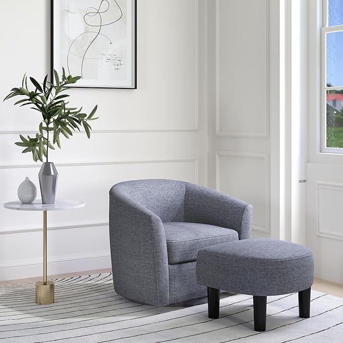 Swivel Chair with Ottoman Modern Barrel Accent Chairs with Removable Seat Cushion Comfy Single Sofa Lounge Armchair Upholstered Round Club Reading Chair for Living Room Bedroom Office