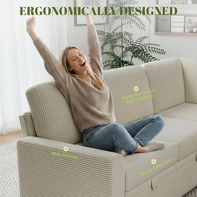 Corduroy L Shaped Sofa Set for Living Room5 Seater Modular Sectional Sofa Couch with StorageModern Corner Couch BedConvertibe Pullout Sleeper Sofas for Bedroom (Corduroy Beige 5 Seater)