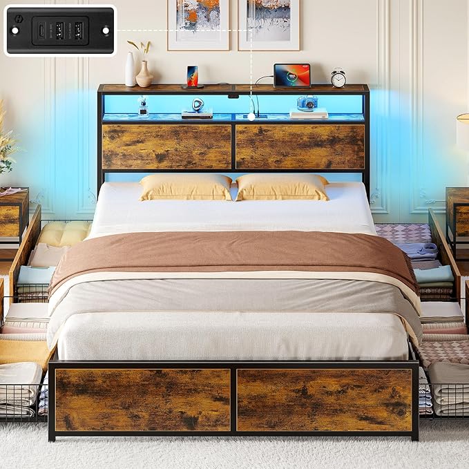 Rolanstar Queen Bed Frame with 4 Storage Drawers Charging Station and LED Lights Metal Platform Bed with 2-Tier Storage Headboard No Box Spring Needed Easy Assembly Noise-Free Rustic Brown