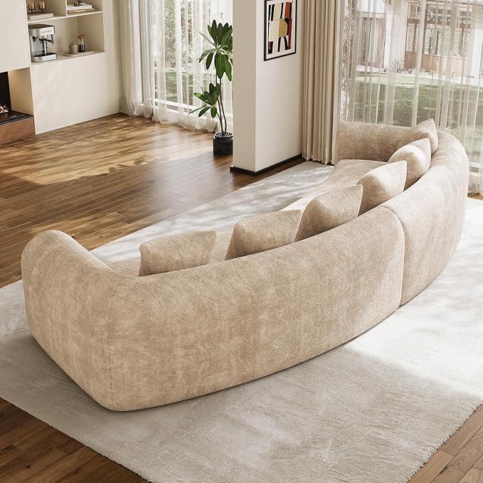 157 Oversized Curved Sofa Sectional Couch Chenille Cloud Couches Wide Armrest Deep Seat 6-Seater High Density Foam Sofas with 6 Pillows for Living Room No Assembly Needed Camel