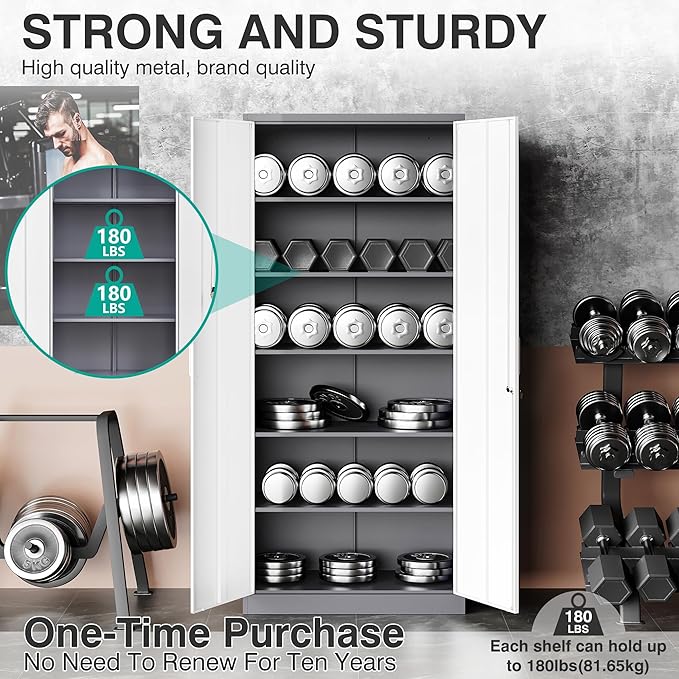Metal Storage Cabinet with 2 Doors and 6 ShelvesGray White Metal Cabinet with Lock71 Lockable Garage Storage CabinetsLocking File CabinetSteel Tool Cabinets for HomeOfficeGarageShopSchool