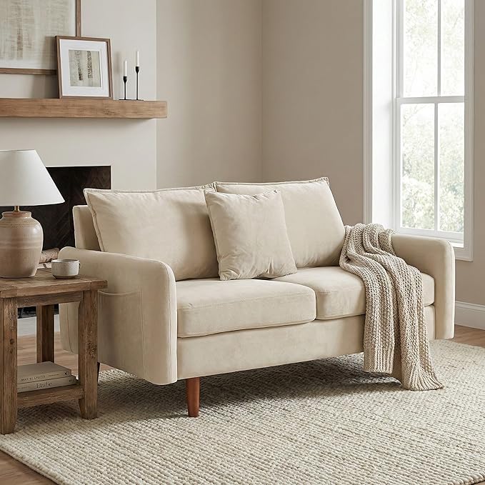 56.1 Round Arm Velvet Loveseat with Side Pockets and a Square Pillow (Beige) | Side Storage Pockets Pillow Included