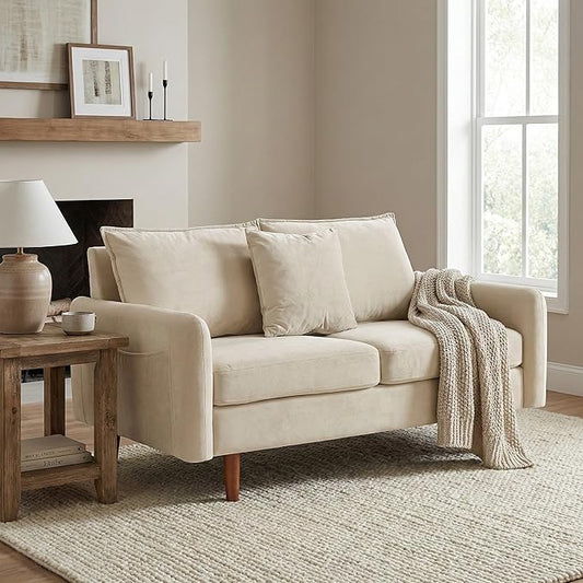 56.1 Round Arm Velvet Loveseat with Side Pockets and a Square Pillow (Beige) | Side Storage Pockets Pillow Included