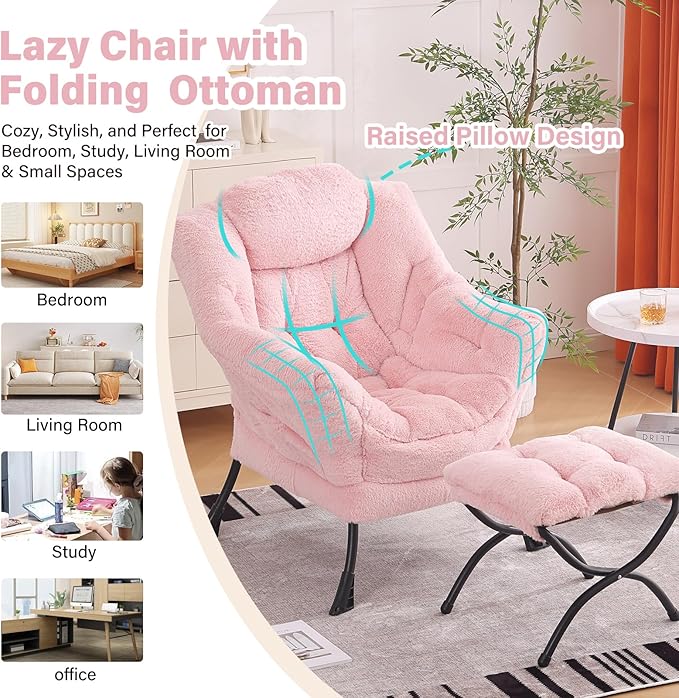 Lazy Chair with Ottoman Modern Accent Chair with Armrests and a Side Pocket Plush Pink Accent Chairs Reading Chairs Oversized Armchairs for Bedroom Study Living Room Courtyard