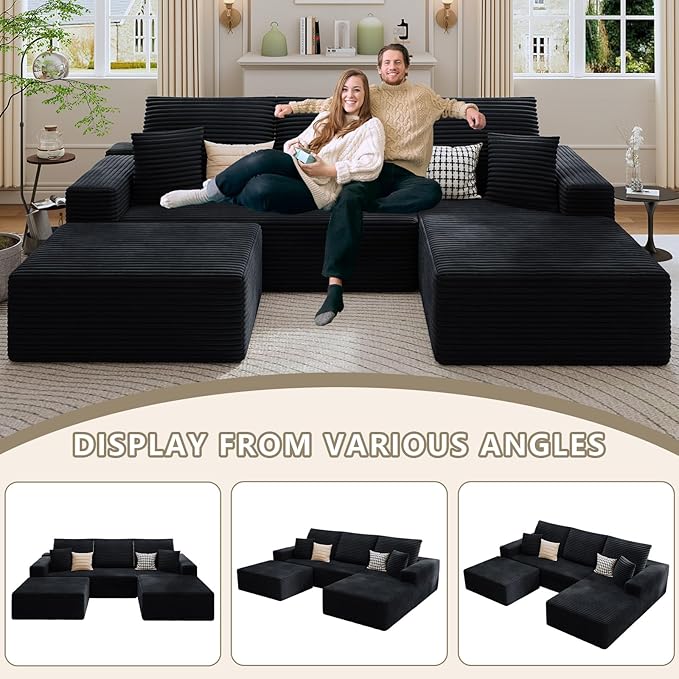 107 Cloud Sectional Couch with U-Shaped Chaise Corduroy Sectional Sofa with Ottoman Boneless Couch with Deep Seat in a Box for Living Room No Assembly Required (Black Right Facing Chaise)