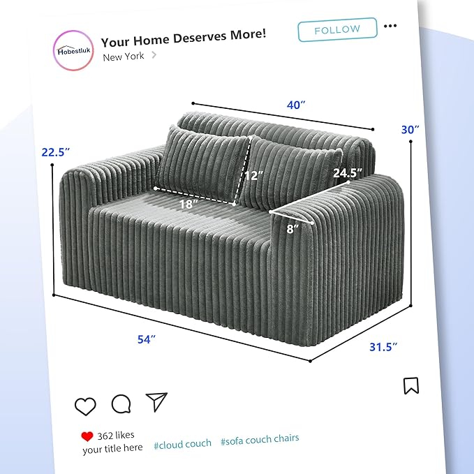 Hobestluk Couch Sofa 2-Seater Foam Sofa Loveseat for Small Spaces Comfy Sofas with Removable Cover Furry Couch with Pillows for Living Room Bedroom Apartment Office (Grey Loveseat)