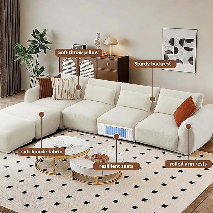 U Shaped Cloud Sectional Convertible L Shaped Couch with Removable OttomansModular Cloud Couch Sectional for Living Room(4 Set + 2 Ottomans - White)