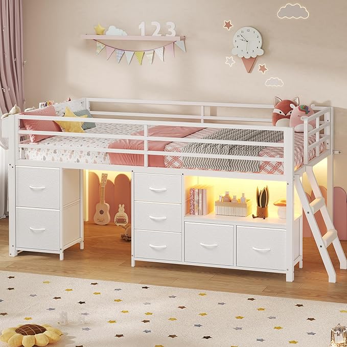 ADORNEVE Low Loft Bed Twin Size with 7 Storage Drawers Bookcase and LED Lights Metal Kids Loft Bed with 14 H Safety GuardrailInclined Ladder and Play Curtain Under-Bed Play Space White