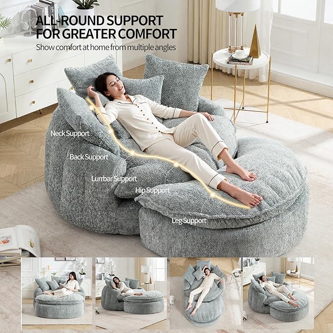 Oversized Fluffy Chenille Lounge Sofa - Extra Deep Seat Cozy Reading Circle Couch for Living Room | Indoor Lounge &amp Oversized Round Accent Design (Blue Gray - with Ottoman)