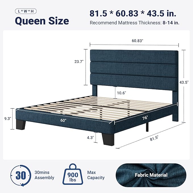 Allewie Queen Size Platform Bed Frame with Fabric Upholstered Headboard and Wooden Slats Support Fully Upholstered Mattress Foundation/No Box Spring Needed/Easy Assembly Navy Blue