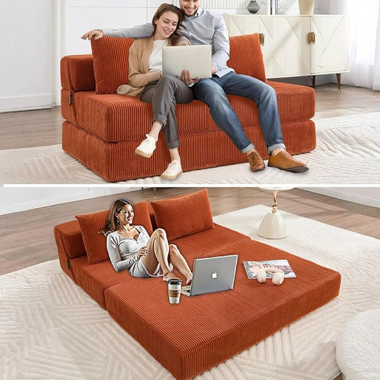 55 Convertible Folding Sofa Bed with 2 Pillows Corduroy Foldable Sleeper Sofa for Adult Floor Couch Bed for Living Room Bedroom No Assembly (Orange)