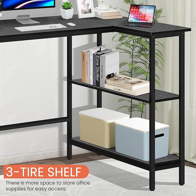 BLKMTY L-Shaped Computer Desk with Storage Shelves 43 Home Office Corner Desk for Small Spaces Reversible Study Writing Table Workstation Black