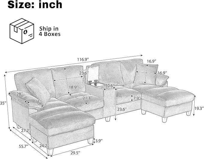 Merax 116.9 Modern U-Shaped Sofa Sectional Sofa Corduroy Upholstered Sofa Couch with Storage Ottomans Cup Holders and USB Ports for Living Room Brown