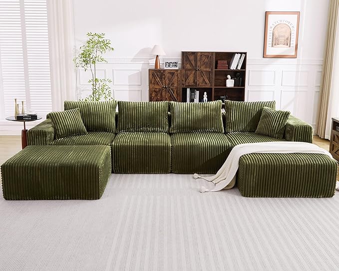 Ihanherry 139.37 Cloud Modular Sectional Couch Sofa with U-Shape Chaise and Big Ottoman with Deep Seat Upholstered Couches for Living RoomNo Assembly Required Plush Corduroy Fabric (Green)