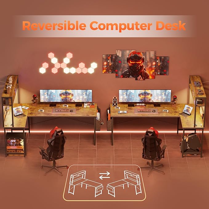 Mericonia 59 inch Large L Shaped Desk with Pegboard Hutch &amp Shelves Corner Gaming Desk with Power Outlet LED Light &amp Storage Bag Reversible Computer Desk for Home Bedroom Office Workspace