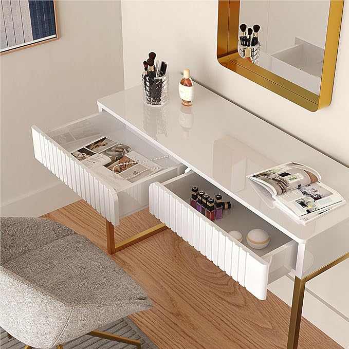Elegant Modern Desk 2 Drawers Gold Legs 43.3x15.75 inches Home Office Makeup Vanity Computer Writing Study Entryway Sofa Table
