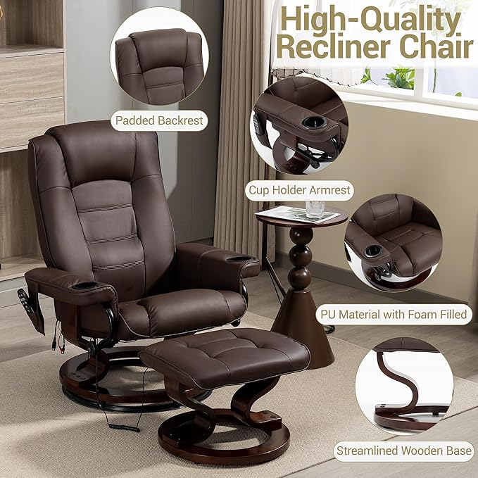 8-Point Massage Recliner with Heated PU Leather &amp Ottoman Sturdy Solid Wood Base Lounge Chair for Living Room and Bedroom Brown