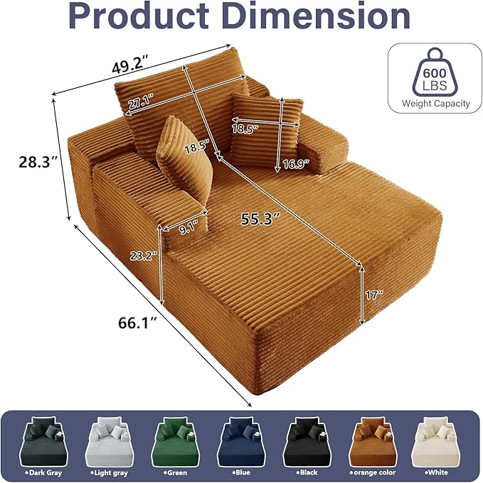 49.2 Oversized Chaise Lounge Chair Indoor Modern Upholstered Deep Seat Sofa Bed Sleeper Couch Reading Chairs Comfy Corduroy Cloud Sofas Couches for Living Room No Assembly Orange