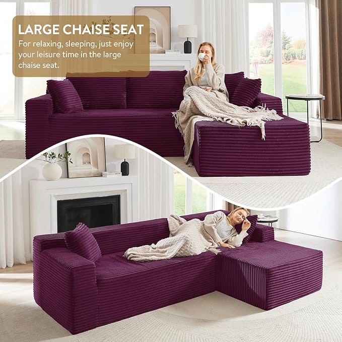 103 Cloud Sectional Couch with L-Shape Chaise Modern Minimalist Modular Sectional Sofa Fluffy Corduroy Upholstered Couches for Living Room No Assembly Required (Purple Right Facing Chaise)
