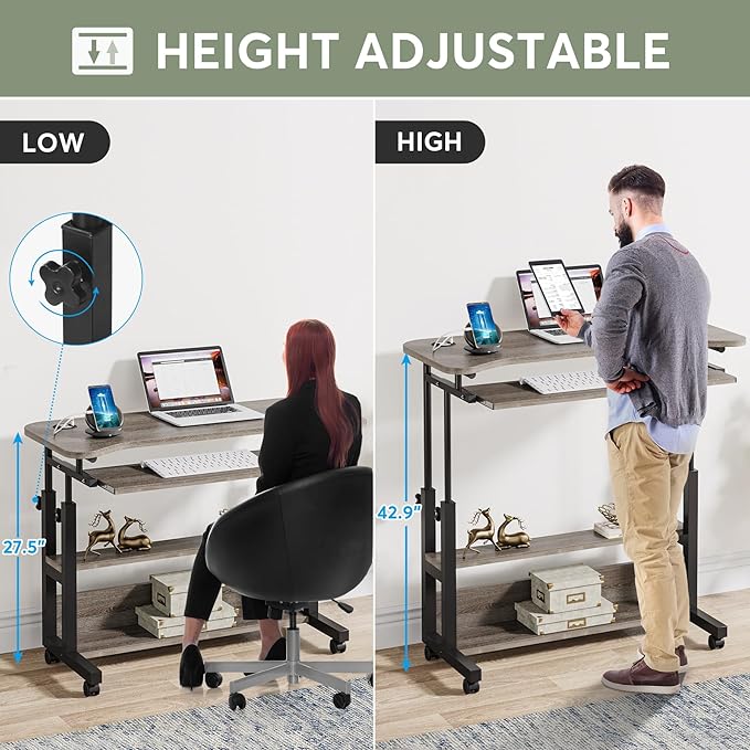 Tribesigns Portable Desk with Power Outlets Height Adjustable Side Table Sofa Couch Bedside Laptop Computer Cart with USB Charging Ports Mobile Small Standing Desk with Keyboard Tray